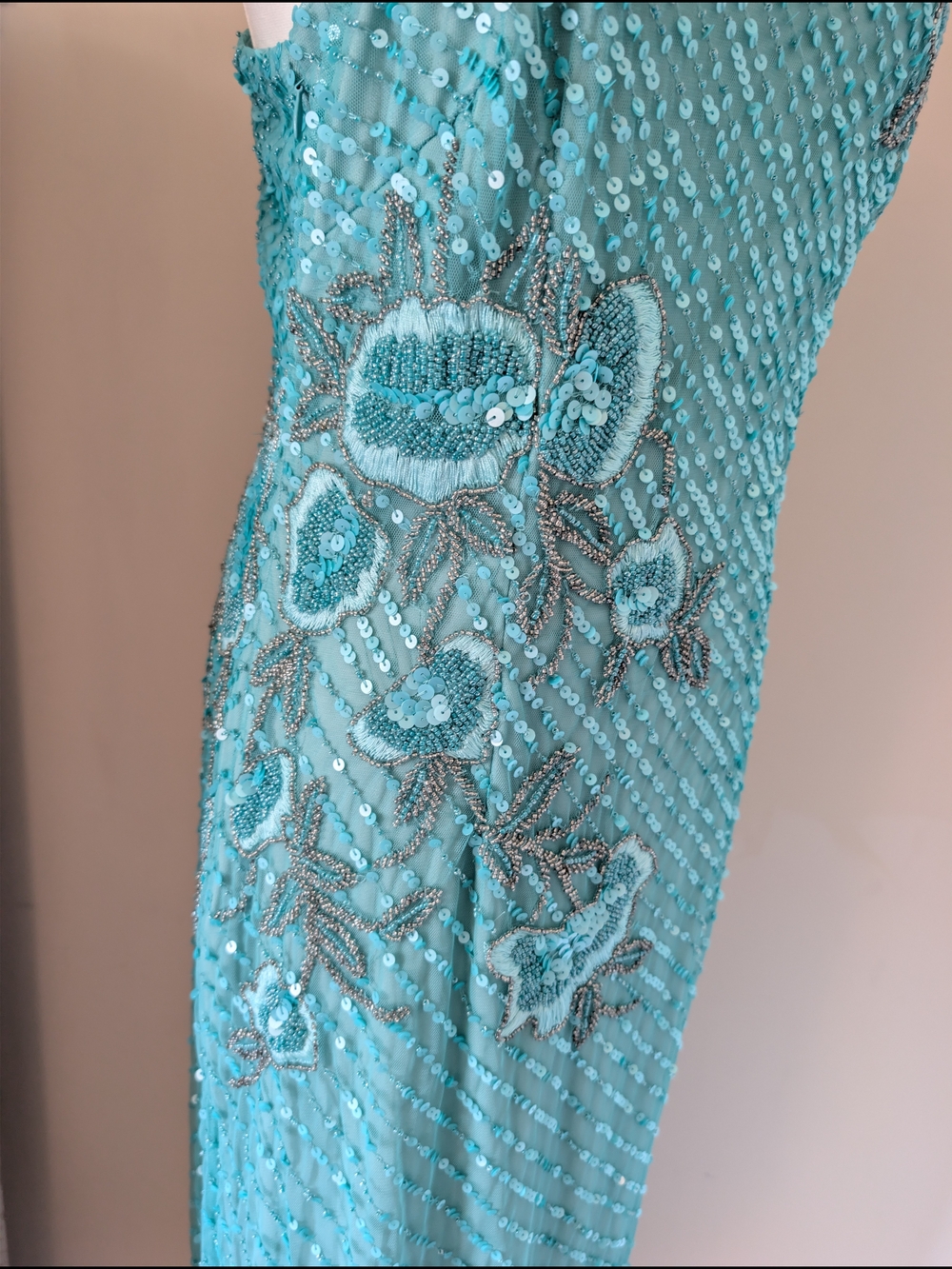 NWT Adrianna Papell Aqua Floral Sequin One Shoulder Gown 8 - Picture 5 of 9